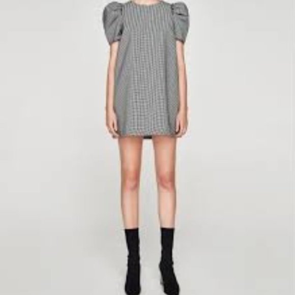 *nwt* Zara houndstooth puff sleeve trapeze mini dress - Picture 1 of 7